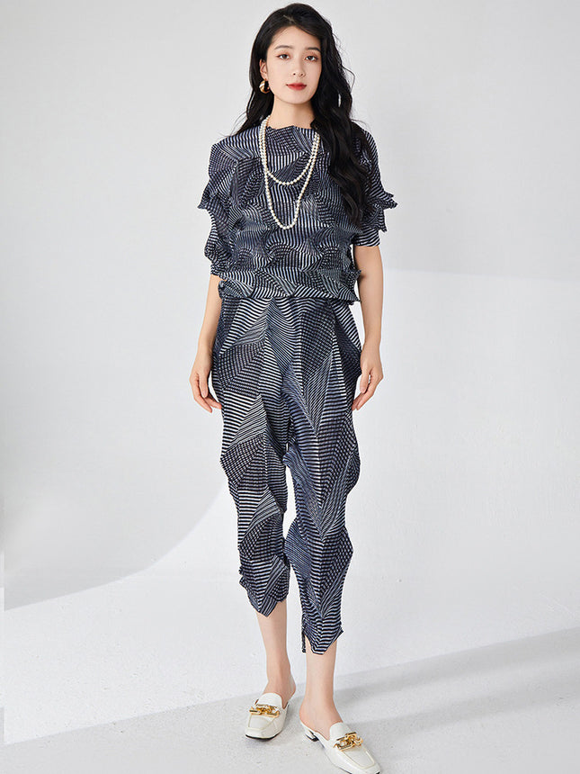 Miyake Fashion suit Women's High-end Spring Irregular T-shirt Top Design Casual Pants Two-piece Fashionable Set