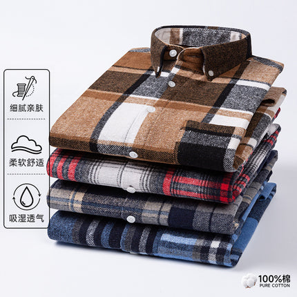 New Spring and Summer Pure Cotton Men's Shirts, Brushed Plaid Long-Sleeved Casual Shirts, Slim Fit, Fashionable and Versatile Tops Wholesale