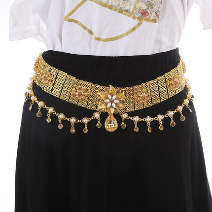 Cross-border New Retro Tassel Rhinestone Double-layer Necklace Waist Chain Head Chain Belly Dunhuang Dance Bohemian Style Direct Selling