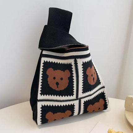Knitted Cat Handbag, Trendy Cartoon Women's Bag, Versatile Bag, Lunch Bag, Hand-Carry Shoulder Bag, Small Square Bag, Portable