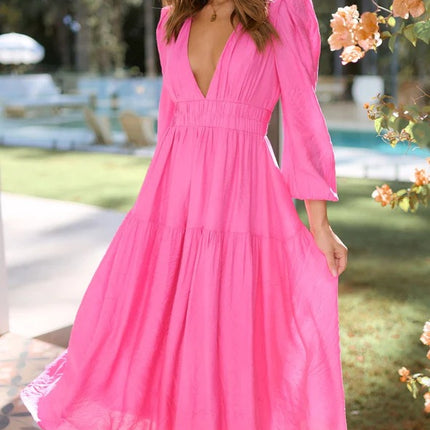 European and American Export 25-Year-Old Autumn and Winter V-Neck Waist Slimming Look Pleated Long-Sleeved Small Fresh Dress for Women 23051