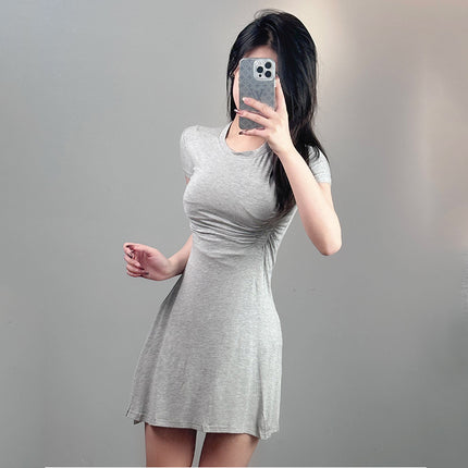 Korean Dongdaemun Slim-fit Sexy Tight Waist Figure Pleated Irregular Chest Large Short-sleeved Dress for Women