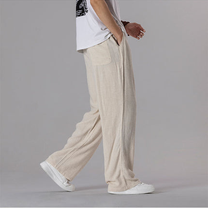 Cotton and linen pants men's summer thin loose linen casual pants outer wear mop floor plus size straight leg pants wholesale