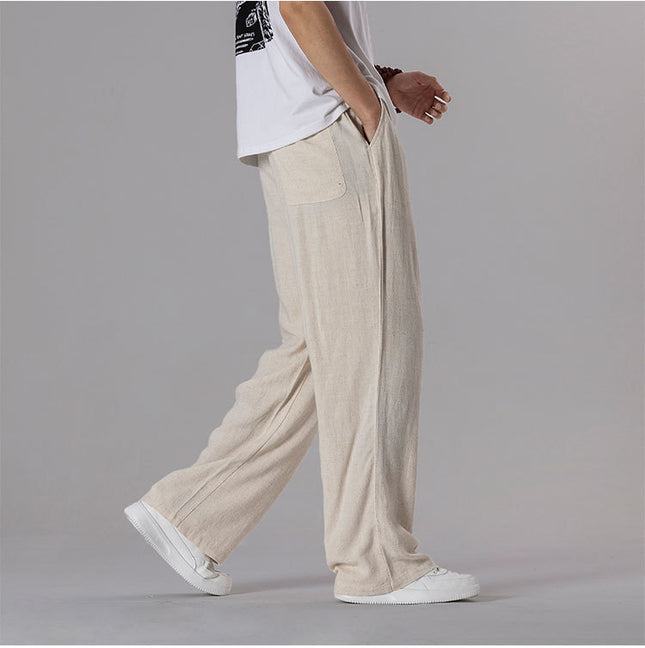 Cotton and linen pants men's summer thin loose linen casual pants outer wear mop floor plus size straight leg pants wholesale