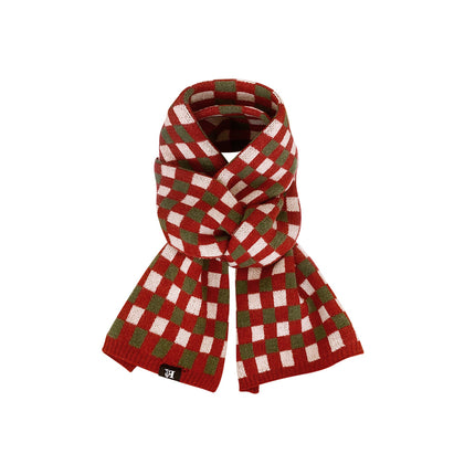 New Red Checkerboard Knitted Scarf for Women, Winter Unisex Style, Warm and Versatile Small Neck Scarf