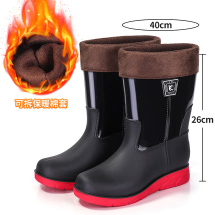 Spring and Autumn Mid-barrel Men's Labor Protection Rubber Shoes Rain Shoes Contrast Color Construction Site Water Boots Non-slip Thickened Rainstorm Boots Knight Red Bottom War Boots