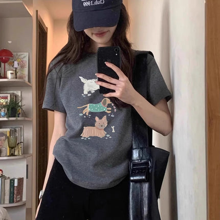 Internet Celebrity Cartoon Dog Print Pure Cotton Short-Sleeved T-Shirt for Women 2025 Summer New Style Right Shoulder Round Neck Sexy Top