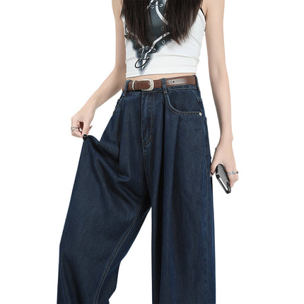 Dark Blue Wide-Leg Jeans for Women 2023 Summer New High-Waisted Straight-Leg Loose Draped Pleated Floor-Length Pants for Tall People