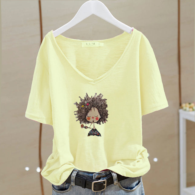 V-neck ultra-thin front shoulder slub cotton letter printing summer 2024 new Korean loose top short sleeve women's T-shirt fashion
