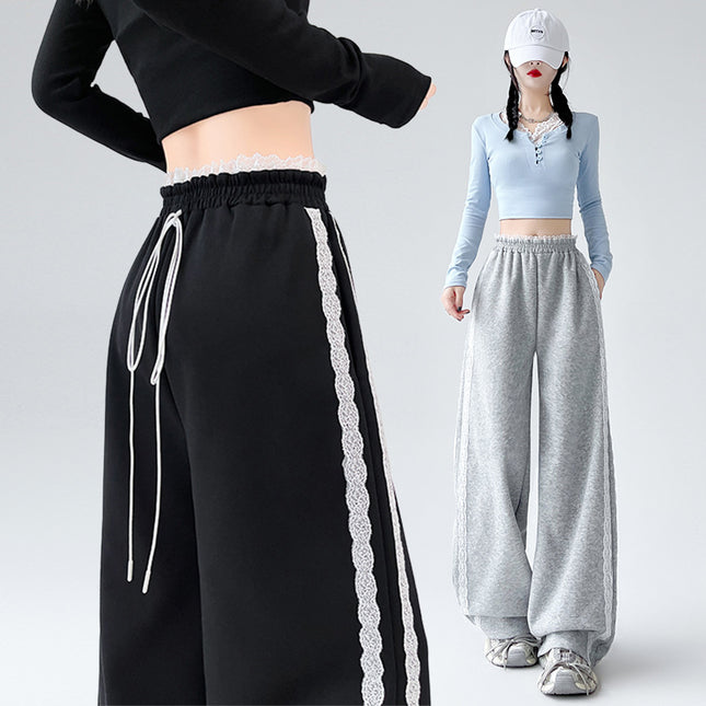 Mynk1862 Lace Casual Pants Women's 2025 Autum New Style High-Waisted Slim Straight Floor-Length Pants