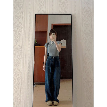 Blue-Gray Elegant Slimming High-Waisted Jeans 2025 Wide-Leg Petite Drape Floor-Length Pants Personality High Street Women