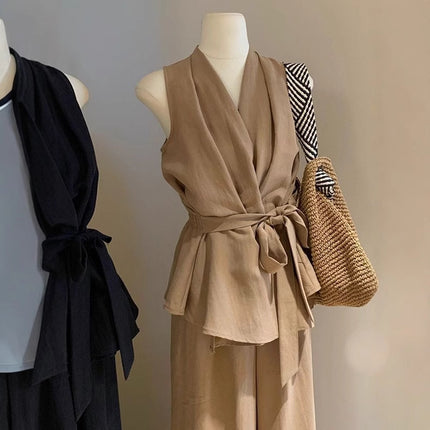 French-Style Irregular V-Neck Cross Halter Tank Top + Wide-Leg Pants Women's 2026 Summer New Trendy Set