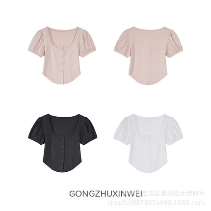 [Guangzhou upper board official map, avoid complaints of stolen map] sweet sister design short square collar short sleeve women's top tide