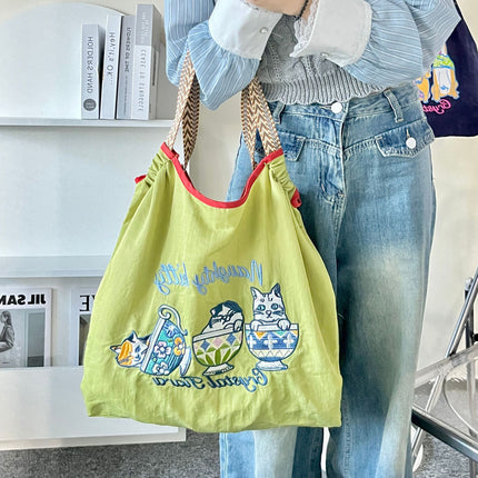 Japanese Style Cat Chai Dog Embroidered Eco-Friendly Cloth Bag Women's Large Capacity New Nylon Handbag Student's All-Match Shoulder Bag