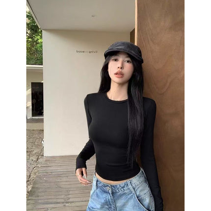 Black Long-Sleeve T-Shirt for Women, New Foreign Trade Style, Slim-Fit Versatile Base Shirt, Women's Versatile Trendy Waist-Cinching Top