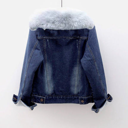 Autumn and Winter Denim Coat Women's Styky fleece-lined Thickened New Arrival Warm Thick Fur Collar Trendy All-match Outer Wear Top for Women