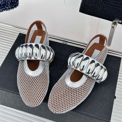 Metal Buckle Mesh Mary Jane Shoes Women's 2024 Summer New Fashionable Flat Comfortable Ballet Dancing Shoes
