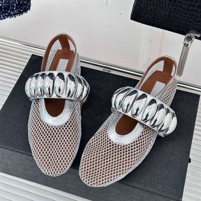 Metal Buckle Mesh Mary Jane Shoes Women's 2024 Summer New Fashionable Flat Comfortable Ballet Dancing Shoes