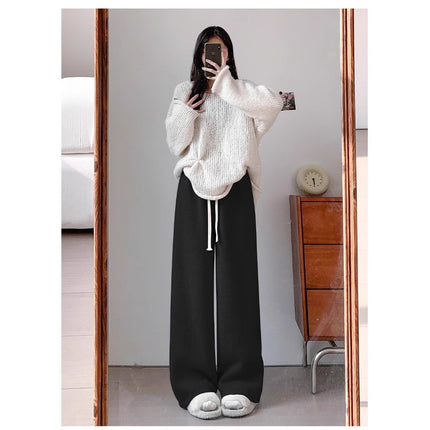 Blue Knitted Wide-Leg Pants for Women, Spring and Autumn 2025 New Style, High-Waisted Casual Straight Narrow Version, Mink Fur Fleece-Lined Glutinous Rice Pants