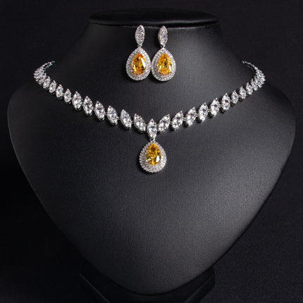 European and American Popular Bridal suit Water Drop Necklace Shake Tone Same Zircon Tassel Earrings Wedding Jewelry Accessories