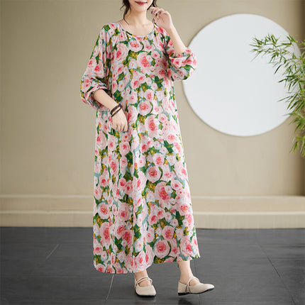 Real shot 2025 spring new literary retro long sleeve age-reducing temperament women's printing casual long dress