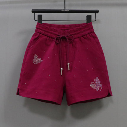 Elastic Waist Shorts Women's Hot Drilling Candy Color Butterfly Denim Wide Leg Pants New Korean Style Slim Look Elastic All-match Hot Pants