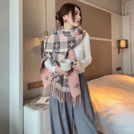 Autumn and Winter Scarf for Women, Double-Sided Plaid Heart Fashion Korean Version Trendy Versatile Thickened Dual-Use Neck Warmer Shawl Harajuku Style