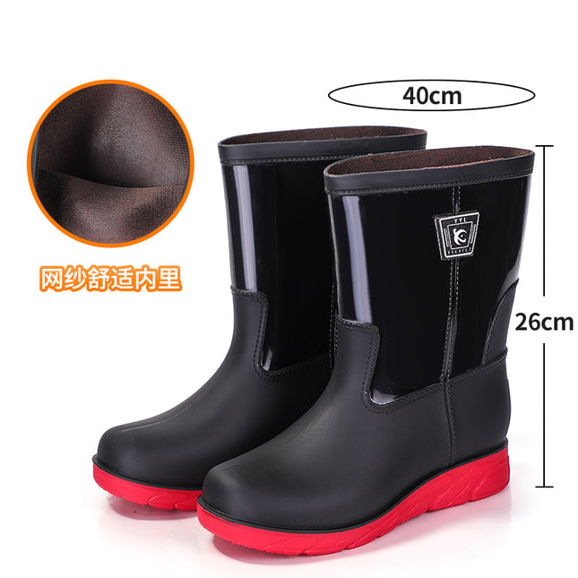 Spring and Autumn Mid-barrel Men's Labor Protection Rubber Shoes Rain Shoes Contrast Color Construction Site Water Boots Non-slip Thickened Rainstorm Boots Knight Red Bottom War Boots