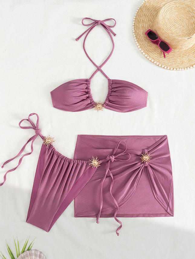 2025 Swimsuit European and American Foreign Trade New Swimsuit Three-piece Solid Color Sexy Split Swimsuit Bikini Women Bikini