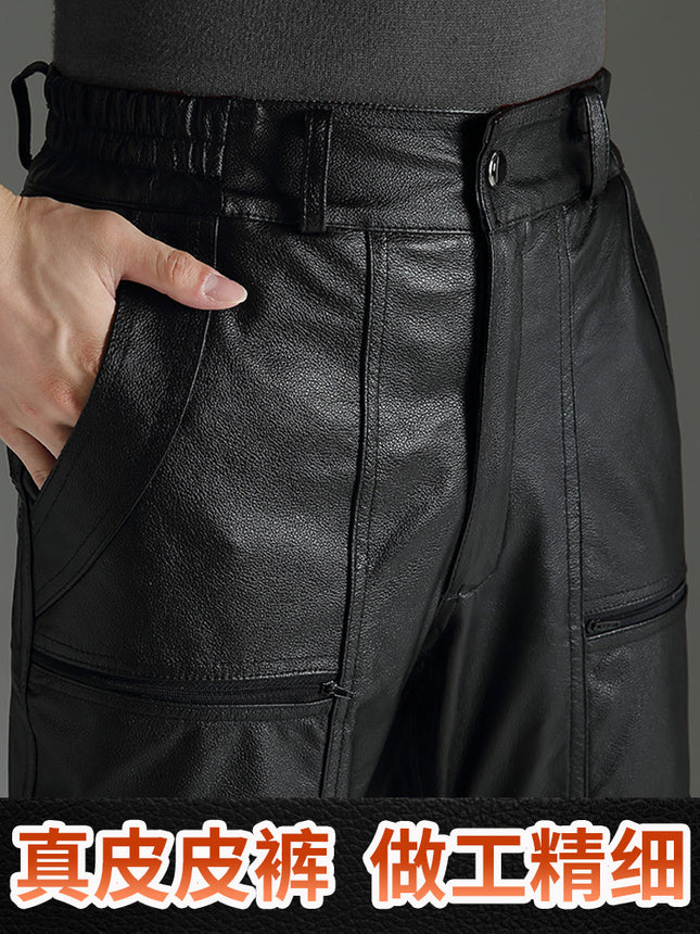 Haining Top-layer Cowhide Leather Pants Men's Fur One-piece fleece-lined Thickened Cotton Pants for Middle-aged and Elderly Men's Pure Leather and Genuine Leather Pants