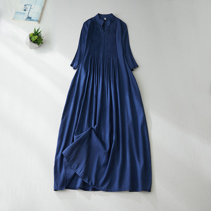 Organ Pleated Solid Color Cotton and Linen Dress for Women, New Autumn Style, Loose Fit, Slimming, Small Stand Collar, Three-Quarter Sleeves, Flowing Long Dress