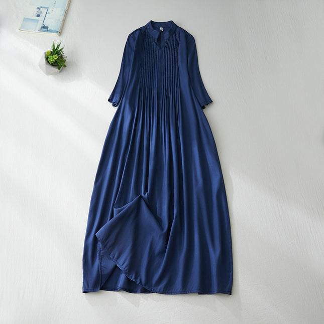 Organ Pleated Solid Color Cotton and Linen Dress for Women, New Autumn Style, Loose Fit, Slimming, Small Stand Collar, Three-Quarter Sleeves, Flowing Long Dress