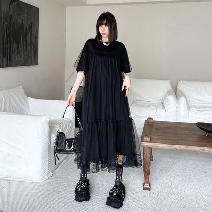 Yamamoto Dark Style Mesh Patchwork Dress for Women, New Spring/Summer Loose Fit, Slimming, Fashionable, Casual, Mid-Length Dress