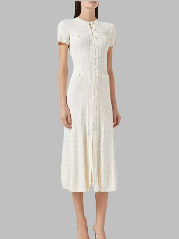 Cross-Border S Brand French Style New High-End Chanel-Inspired Hollow Lace Sleeve Slim-Fit Split Knit Dress
