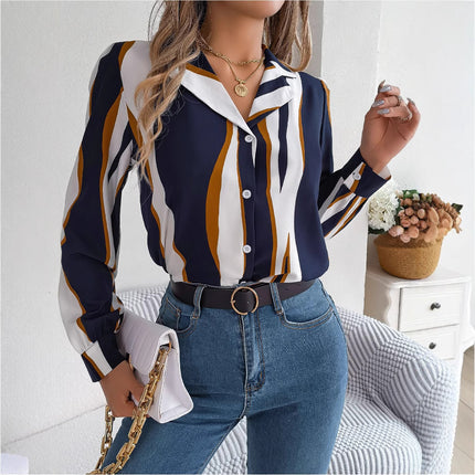 Real Shot of 2026 Spring/Summer European and American Casual Versatile Color-Block Striped Suit Collar Long-Sleeve Shirt for Women, Available on Independent Cross-Border Platforms