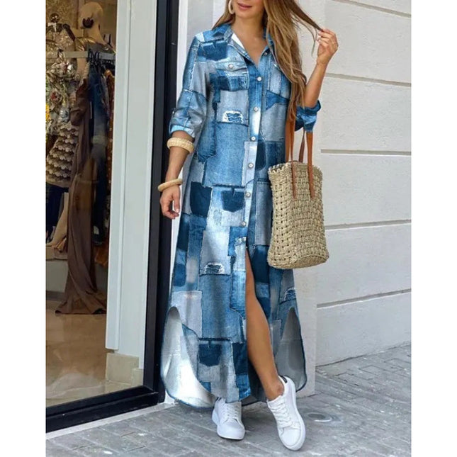Amazon AliExpress Cross-border Women's New Fashion Long Sleeve Printed Shirt Dress Long dress