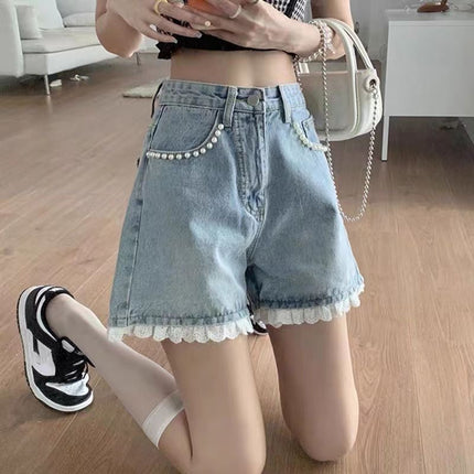 Designed Lace High-Waisted Denim Shorts for Women, Summer Thin Hot Pants, Loose Wide-Leg Pants, Summer Hot Pants