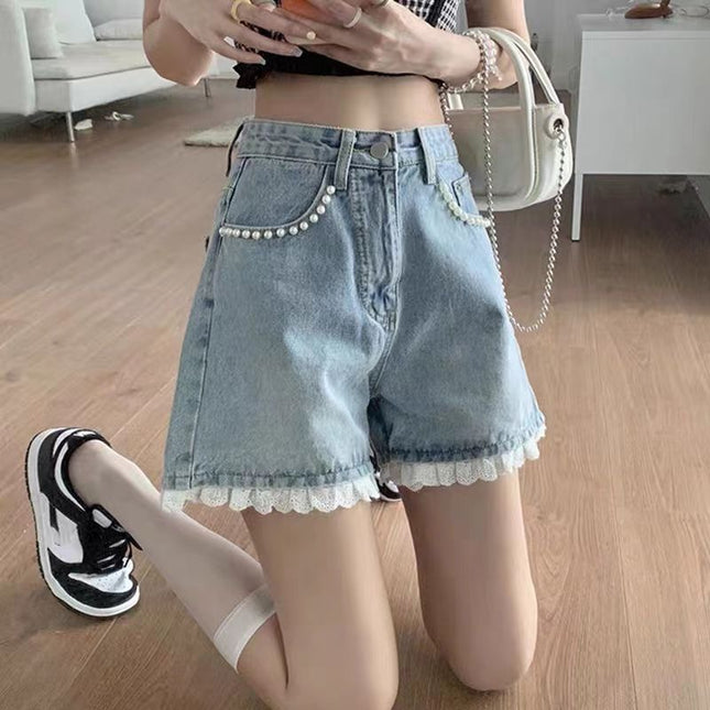 Designed Lace High-Waisted Denim Shorts for Women, Summer Thin Hot Pants, Loose Wide-Leg Pants, Summer Hot Pants