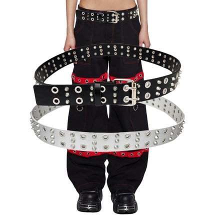 European and American Fashion Auto Eye and Eye Belt Women's Rivet Retro Belt Double Pin Buckle Punch-Free Girls Belt Punk
