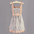 Canvas floral princess dress with suspenders/double pocket blue