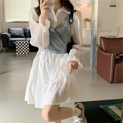 White dress Spring Thin 2025 New Vintage French Style Waist Design Long Sleeve Polo Collar Dress for Women
