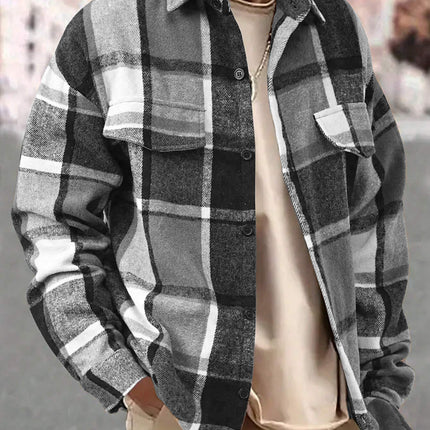 25 Amazon European and American Cross-Border Temu Elegant Lapel Checkered Men's Shirt Retro Brushed Casual Long-Sleeved Jacket