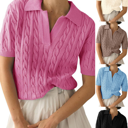 2025 Export Amazon European and American Clothing Polo Collar Short-Sleeved Knitwear Women's Casual Pure Color Cable Knitted Knitwear
