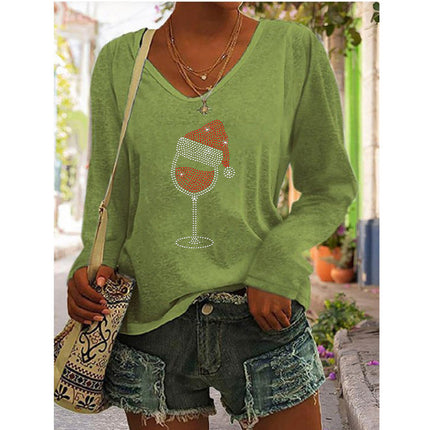 2023 European and American Amazon independent station wish autumn and winter new hot selling women's printed V-neck long sleeve loose T-shirt for women