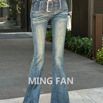 Vintage Gradient Flared Jeans for Women, Autumn Design, American Style, High-Waisted, Stretchy, Slim-Fit, Floor-Length Pants