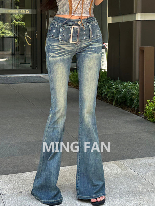 Vintage Gradient Flared Jeans for Women, Autumn Design, American Style, High-Waisted, Stretchy, Slim-Fit, Floor-Length Pants