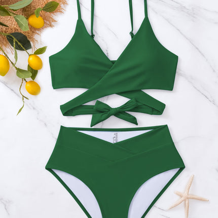 2025 New Bikini Cross-Border European and American Style Aliexpress Solid Color Tie-Up Sexy Bikini Two-Piece Swimsuit Swimwear for Women