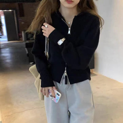 2025 Sweater Women's Age-reducing Design Sense Double-head Zipper Hooded Short Knitted Cardigan Fashionable Internet Popular Top