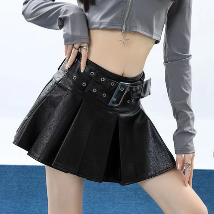 American-Style Pleated Skirt 2024 Autumn and Winter New Plus-Size High-Waisted Slimming Pu Short Pleated Skirt for Women