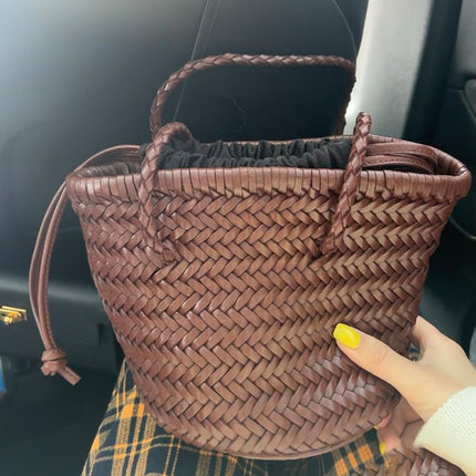 Z Family Woven Bag 2025 New Summer Satchel Vegetable Basket French Retro Pu Leather Hand-Woven Bag Bucket Bag